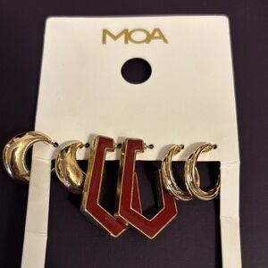 MOA Paris Gold & Maroon Hoop Earring Set | 3 Pairs NWT Geometric Chic